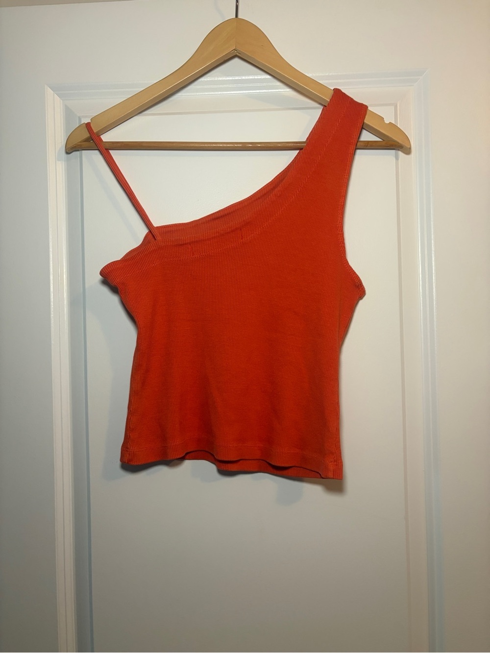 We The Free | Asymmetric Strap Ribbed Cotton Tank Top - Coral Orange - Picture 3 of 7